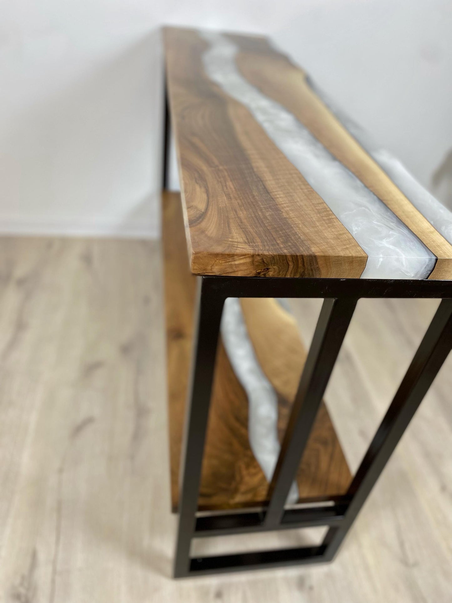 Console Table with Shelf – Narrow Walnut Sofa Table, White Smoke Epoxy, Custom Size
