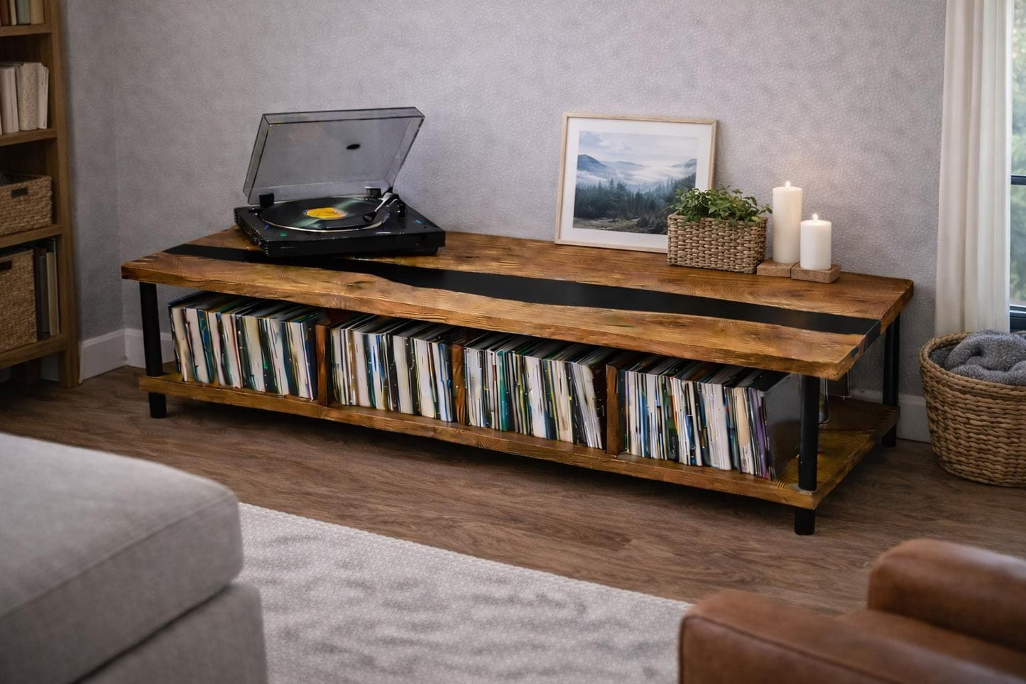 Vinyl Record Cabinet – Turntable Stand with Black Epoxy, LP Storage Sideboard