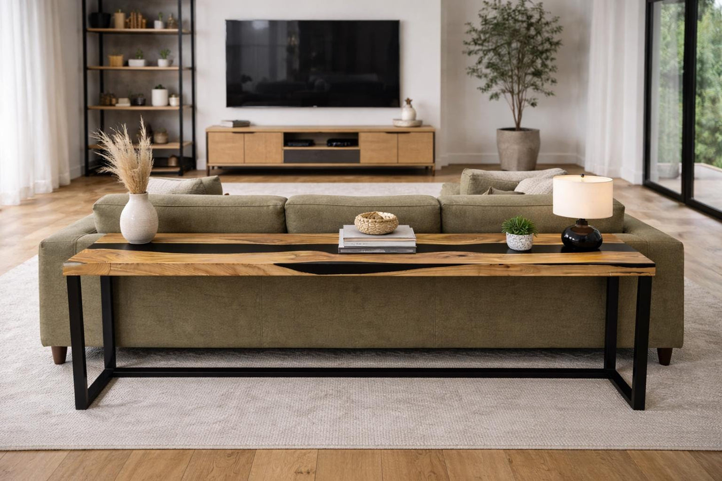 Narrow Oak Console Table, Black Epoxy River, Metal Legs, Behind Sofa Furniture