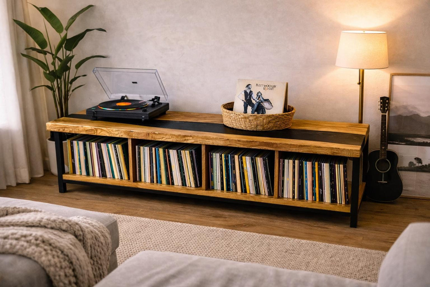 Oak Vinyl Storage Console – Black Epoxy Turntable Stand, Custom Record Cabinet
