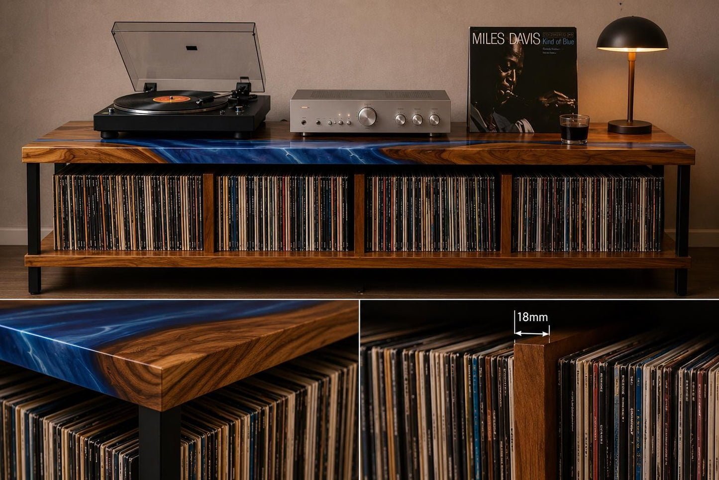 Record Player Stand with Vinyl Storage – Walnut Epoxy Media Console – Handmade Turntable Cabinet