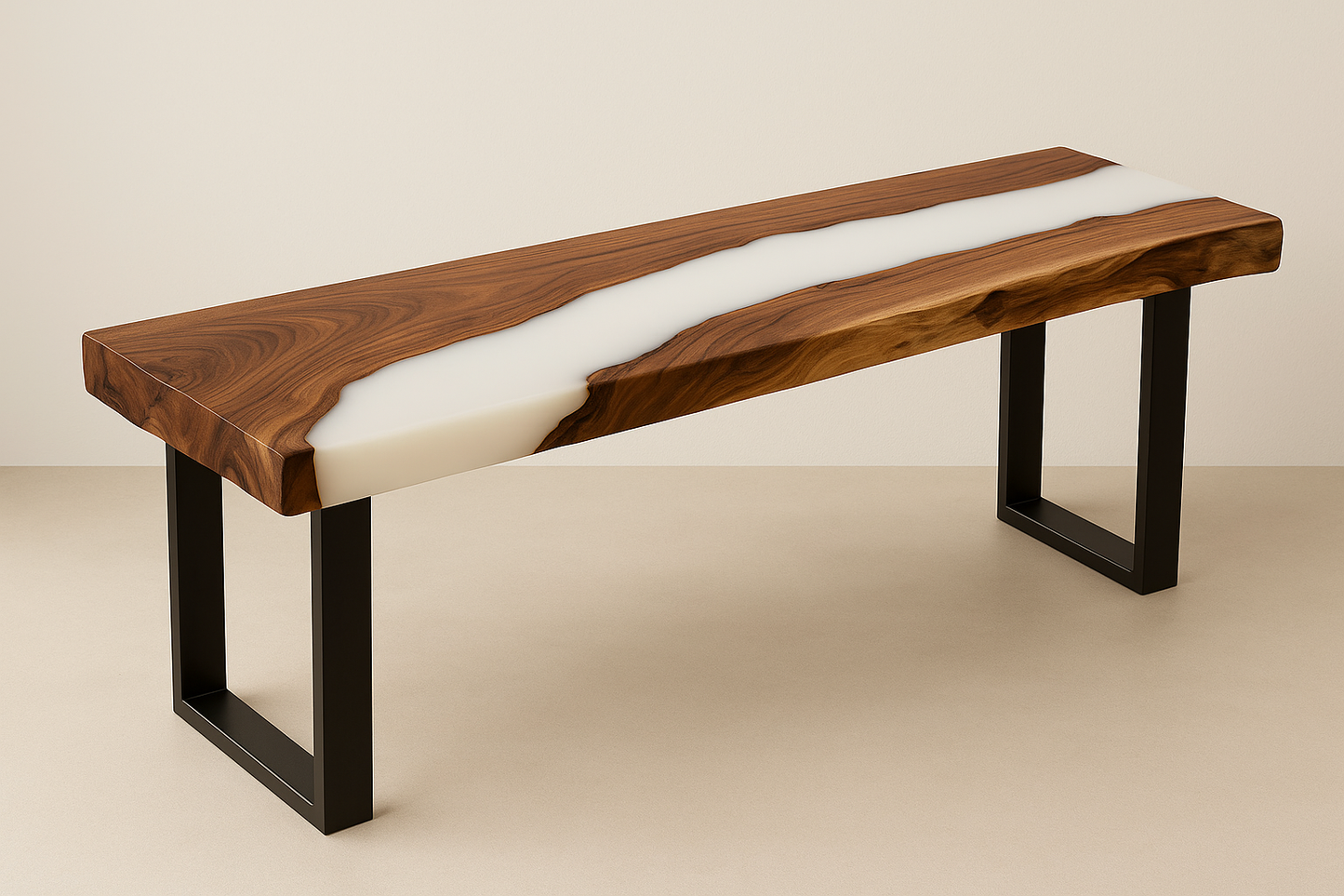 Live Edge Walnut Epoxy Bench – Custom Solid Wood Resin Bench with Metal Legs