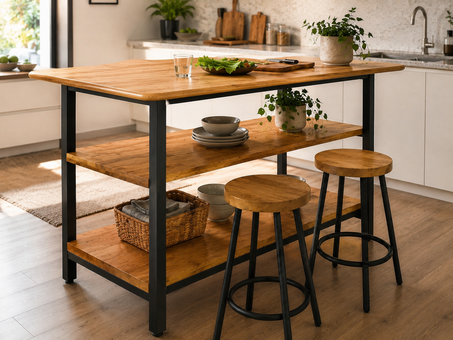 Solid Oak Kitchen Island with Storage – Two Shelves