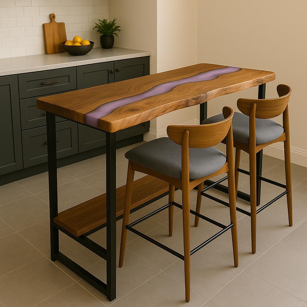 Walnut Epoxy Counter – Live Edge Breakfast Bar with Footrest Shelf