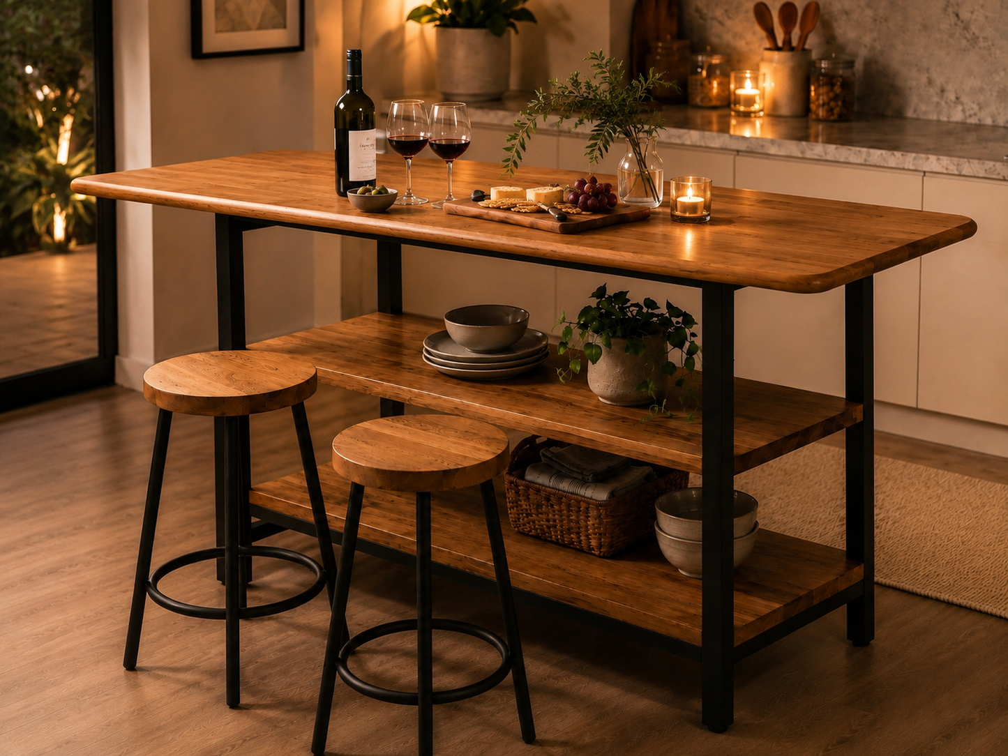 Solid Oak Kitchen Island with Storage – Two Shelves