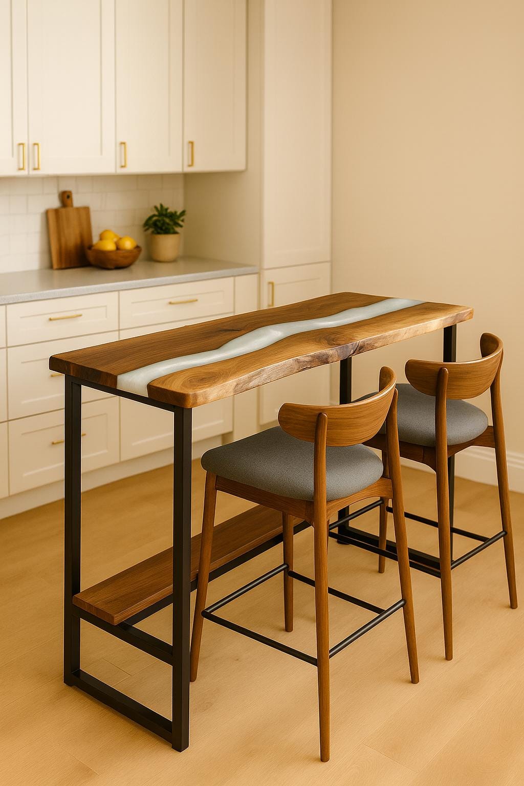 Walnut Epoxy Counter – Live Edge Breakfast Bar with Footrest Shelf