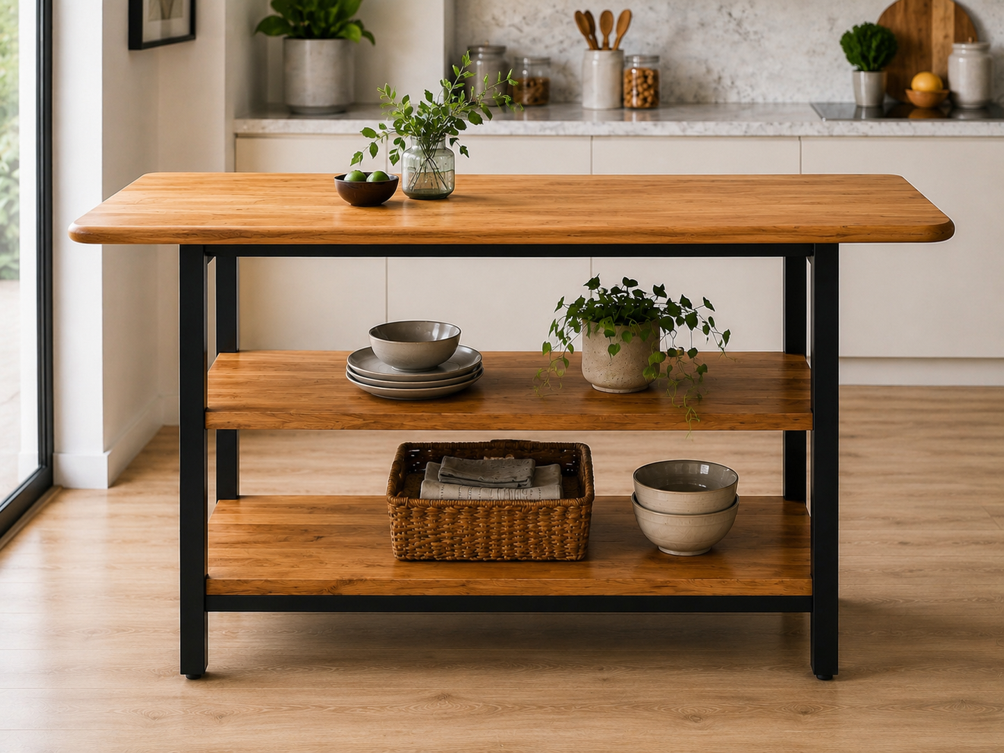 Solid Oak Kitchen Island with Storage – Two Shelves