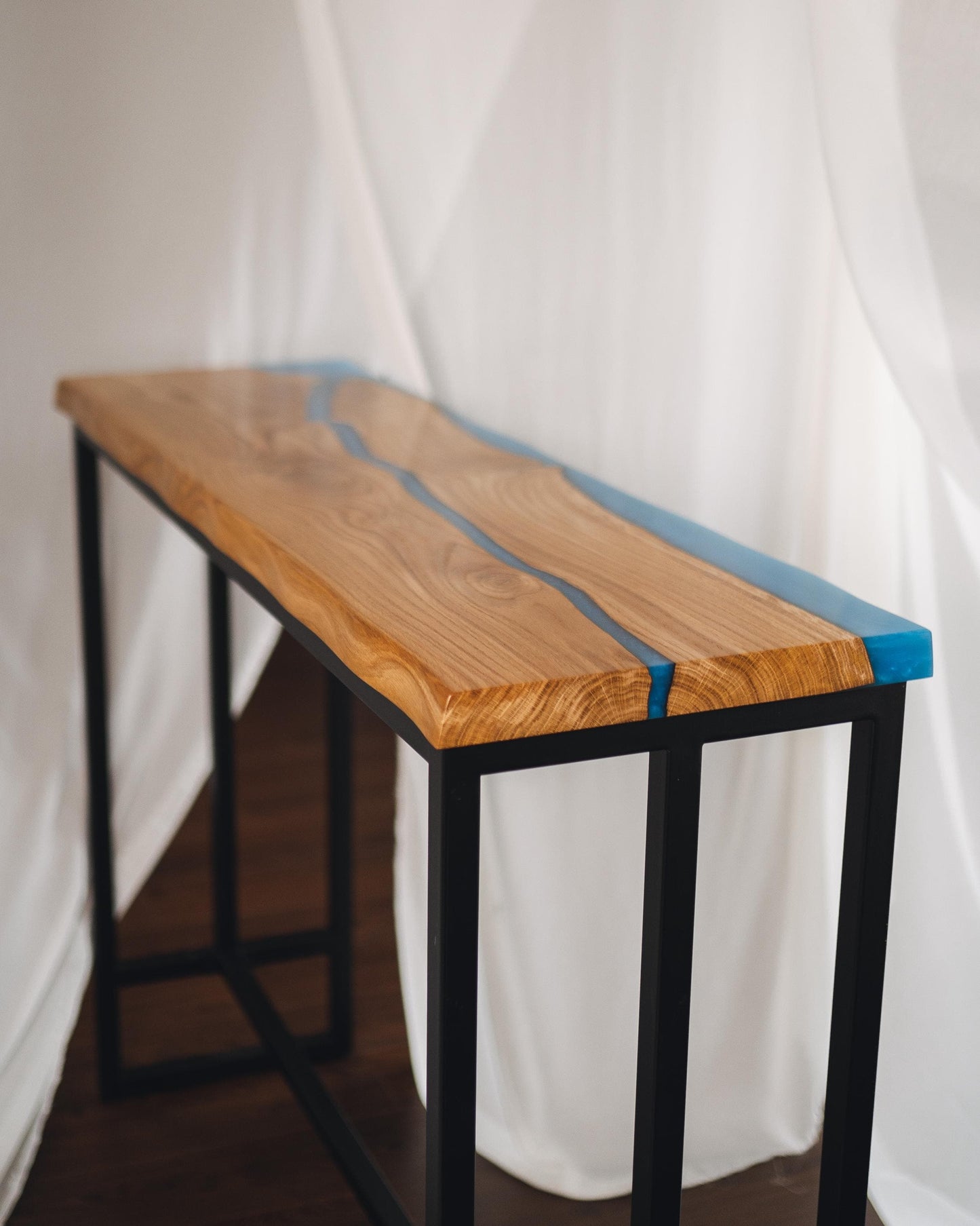 Live Edge Oak Epoxy Bar Table (42″) – Metal Base, Custom Sizes