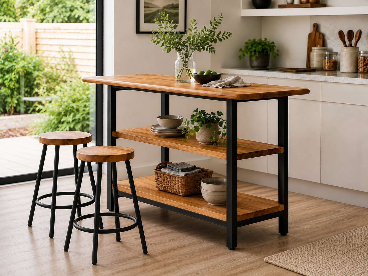 Solid Oak Kitchen Island with Storage – Two Shelves