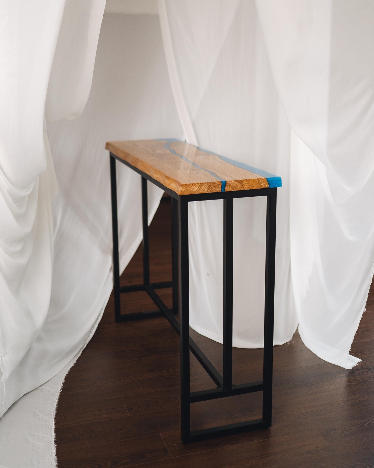 Live Edge Oak Epoxy Bar Table (42″) – Metal Base, Custom Sizes