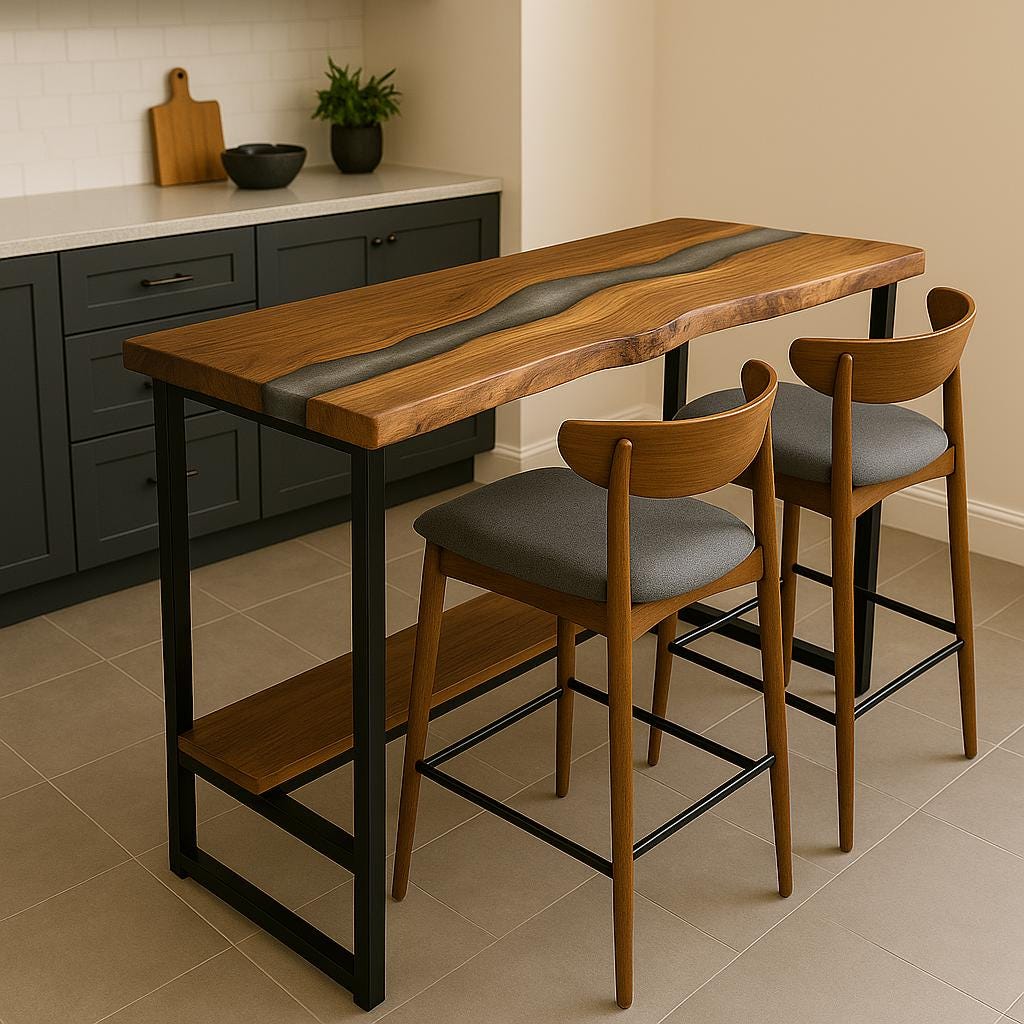 Walnut Epoxy Counter – Live Edge Breakfast Bar with Footrest Shelf