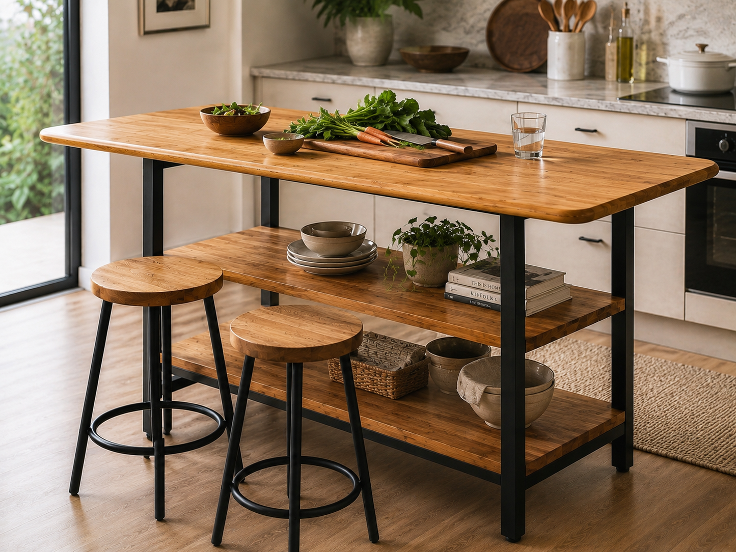 Solid Oak Kitchen Island with Storage – Two Shelves