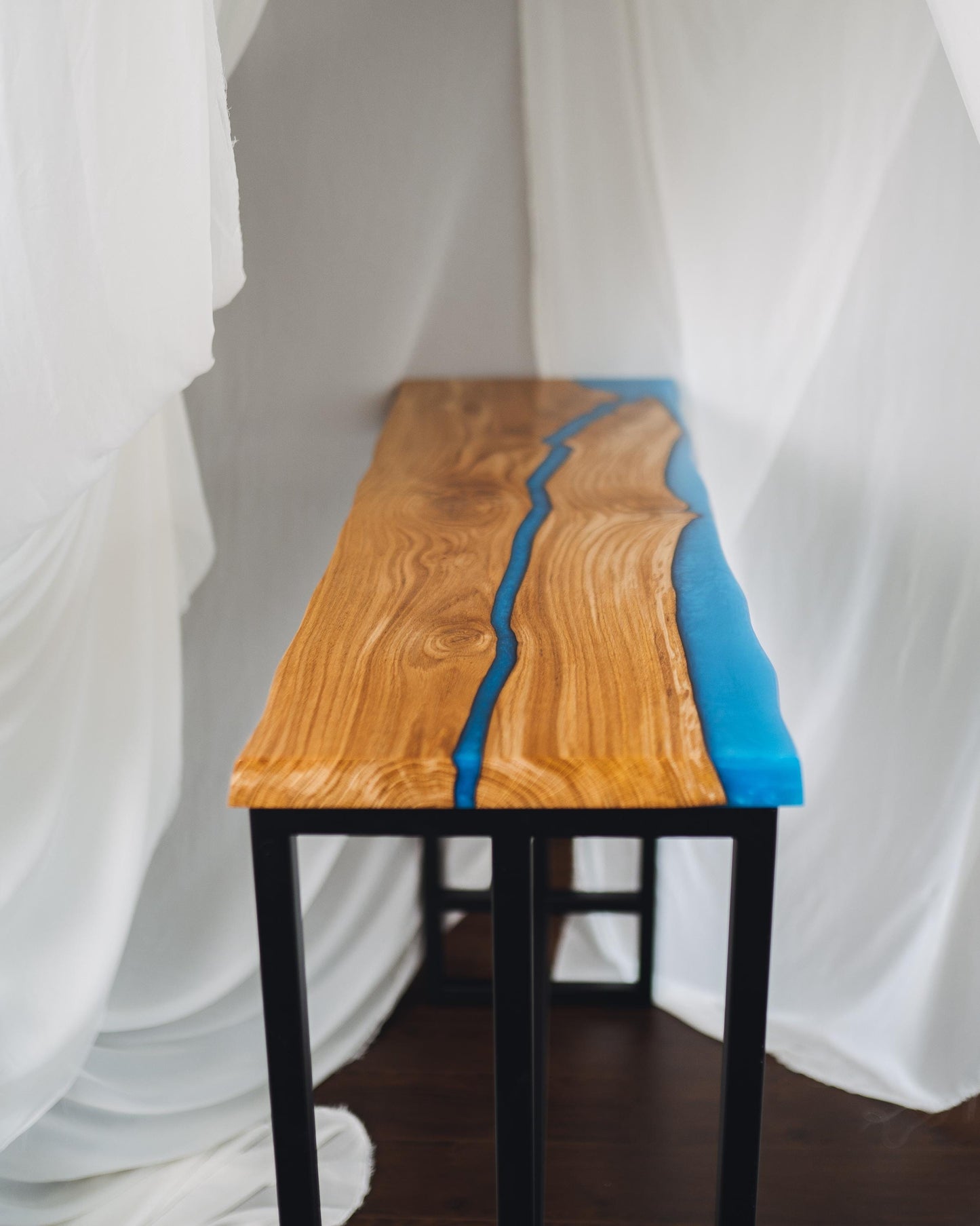 Live Edge Oak Epoxy Bar Table (42″) – Metal Base, Custom Sizes