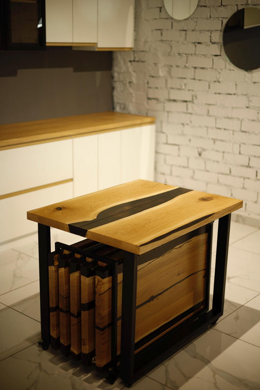 Extendable Oak Epoxy Dining Table – Custom Solid Wood Expandable Kitchen Table