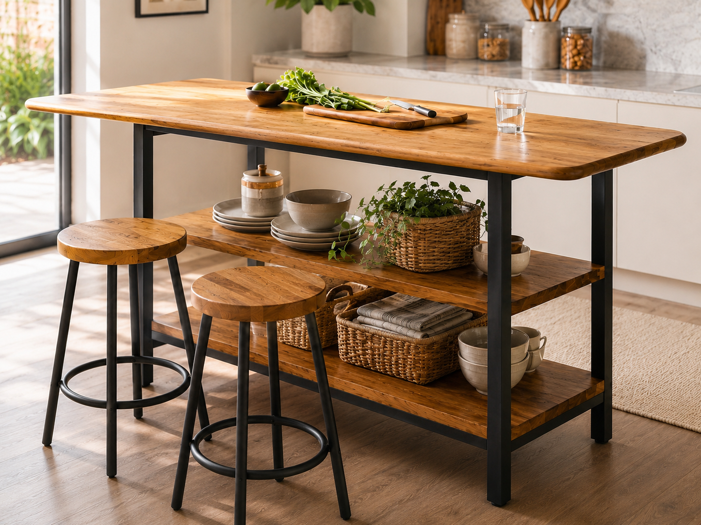 Solid Oak Kitchen Island with Storage – Two Shelves