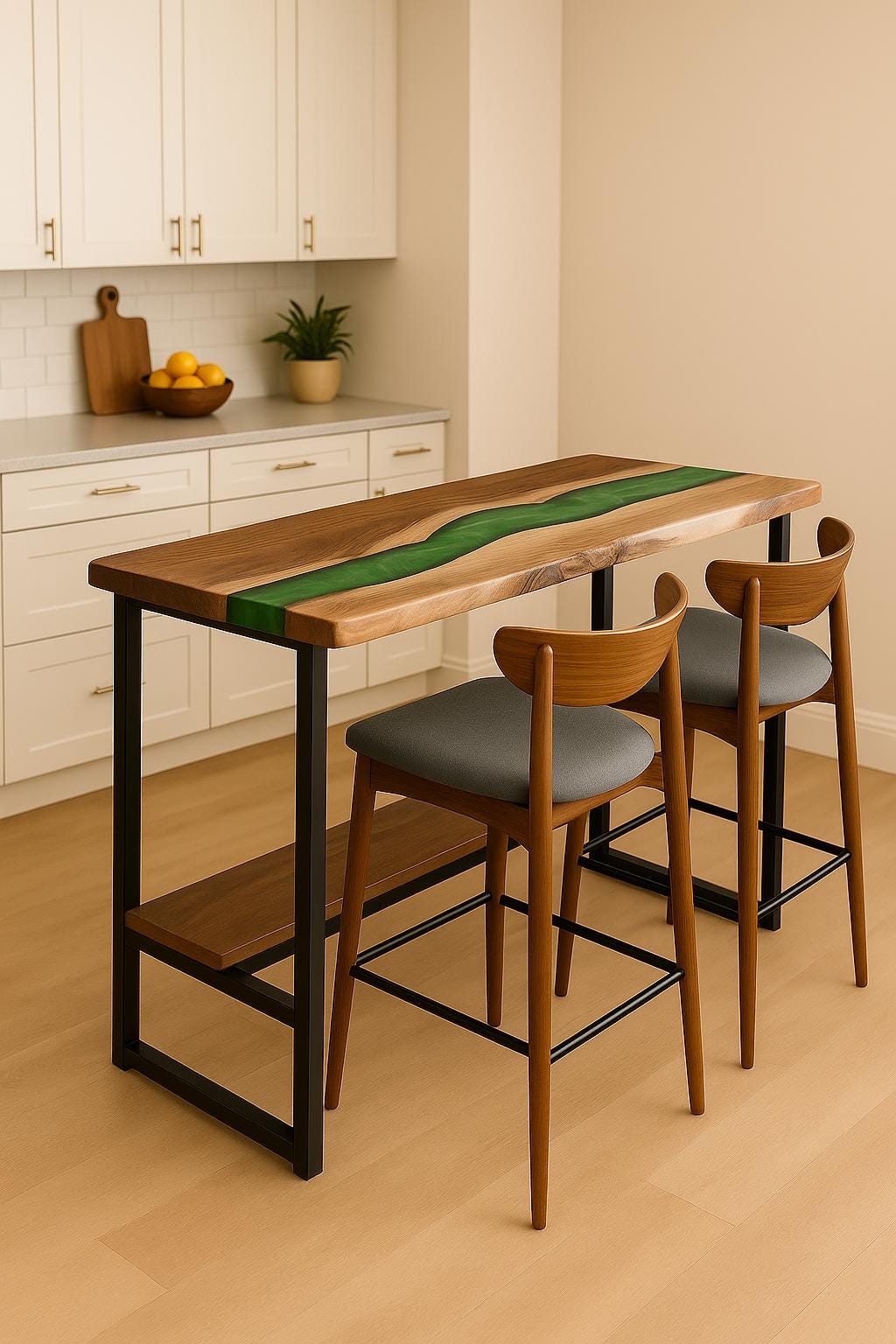 Walnut Epoxy Counter – Live Edge Breakfast Bar with Footrest Shelf