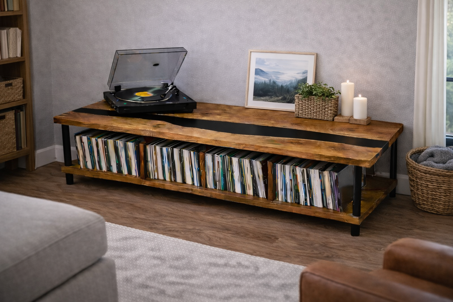 Oak Record Storage Console with Black Epoxy River Top – Turntable Stand & Vinyl LP Cabinet