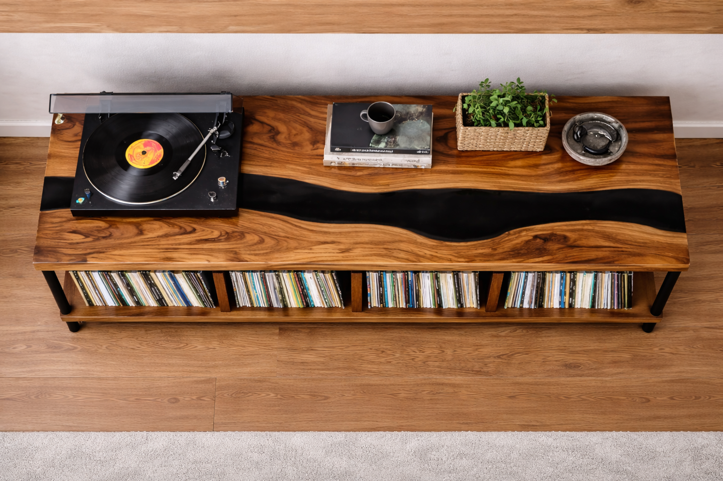 Oak Record Storage Console with Black Epoxy River Top – Turntable Stand & Vinyl LP Cabinet