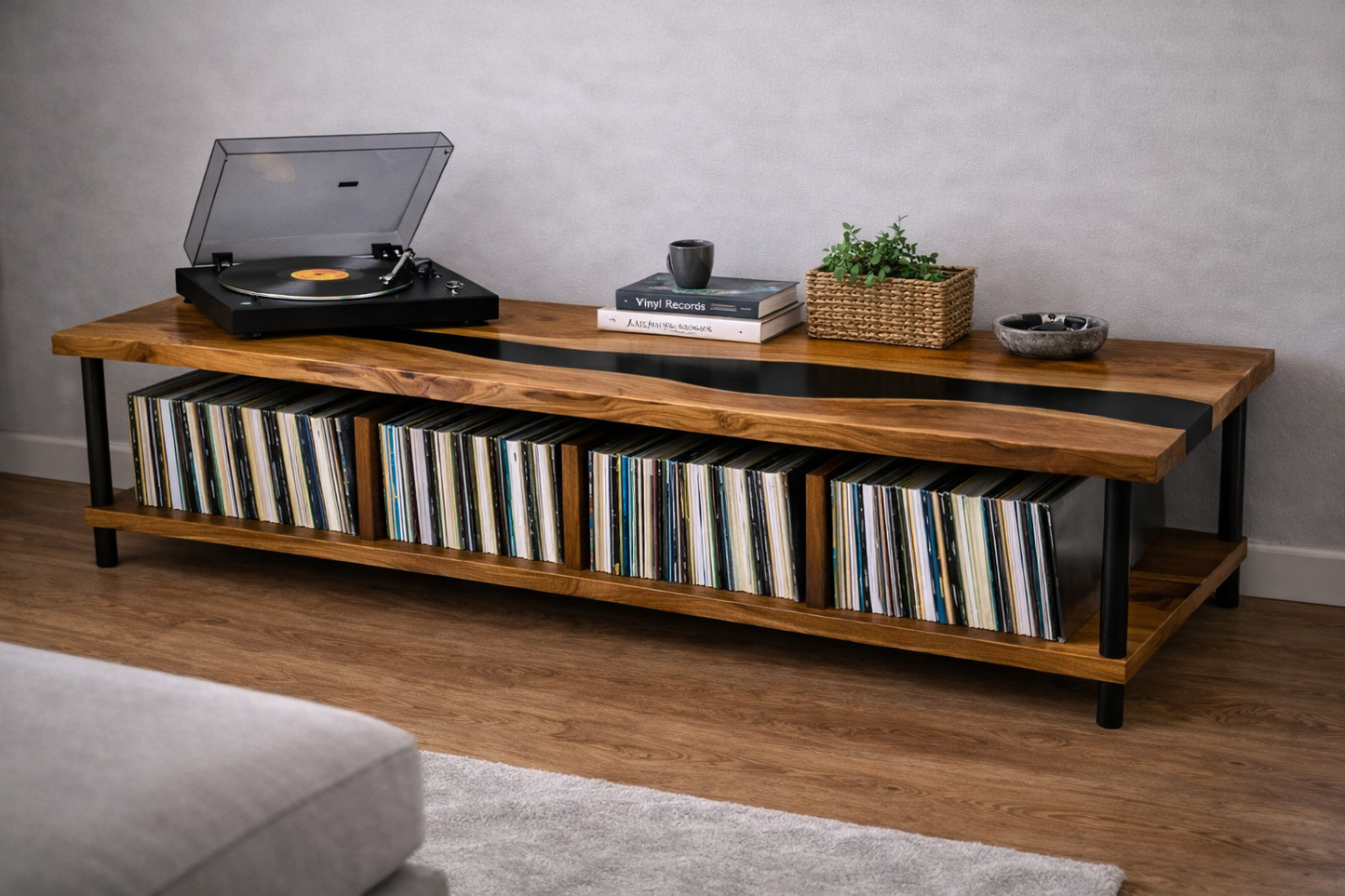 Oak Record Storage Console with Black Epoxy River Top – Turntable Stand & Vinyl LP Cabinet