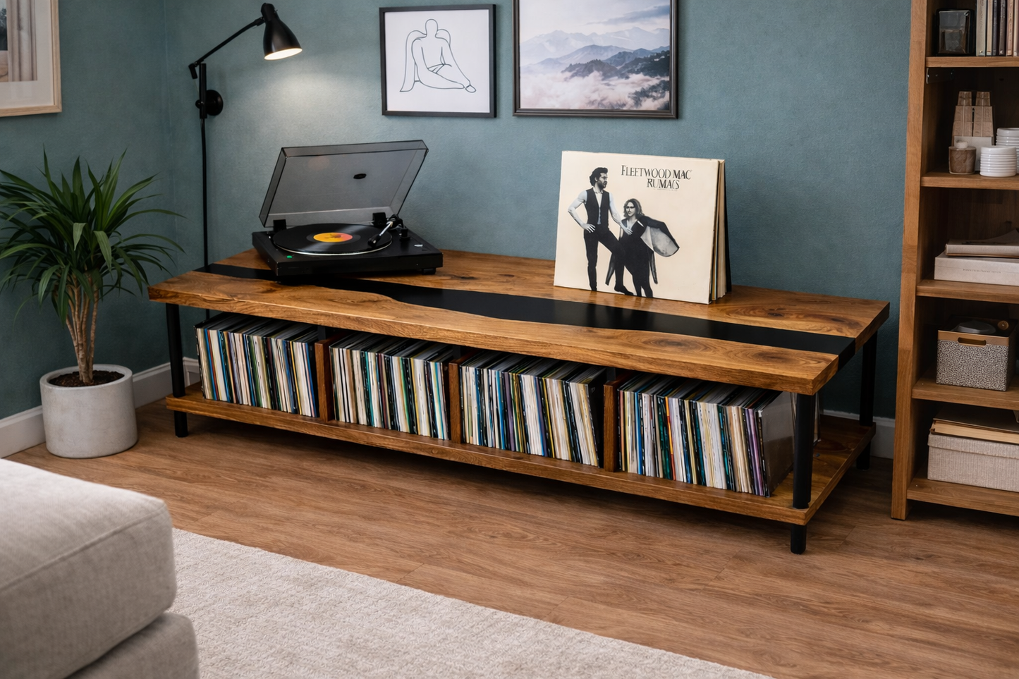 Oak Record Storage Console with Black Epoxy River Top – Turntable Stand & Vinyl LP Cabinet
