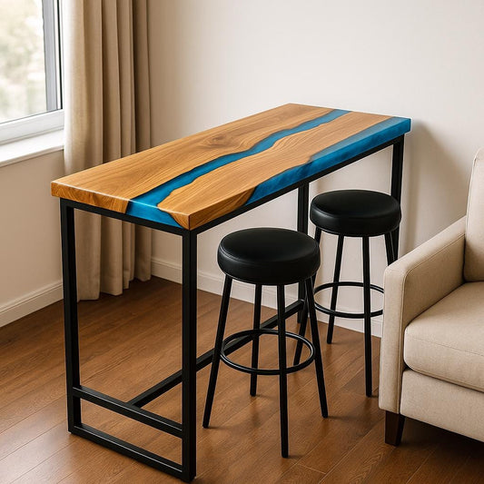 Live Edge Oak Epoxy Bar Table (42″) – Metal Base, Custom Sizes
