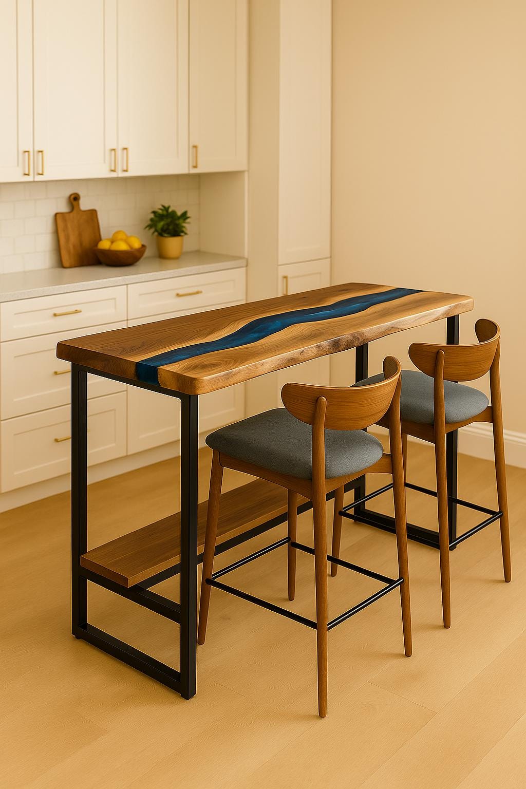 Walnut Epoxy Counter – Live Edge Breakfast Bar with Footrest Shelf