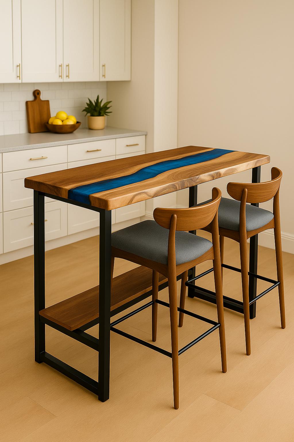 Walnut Epoxy Counter – Live Edge Breakfast Bar with Footrest Shelf
