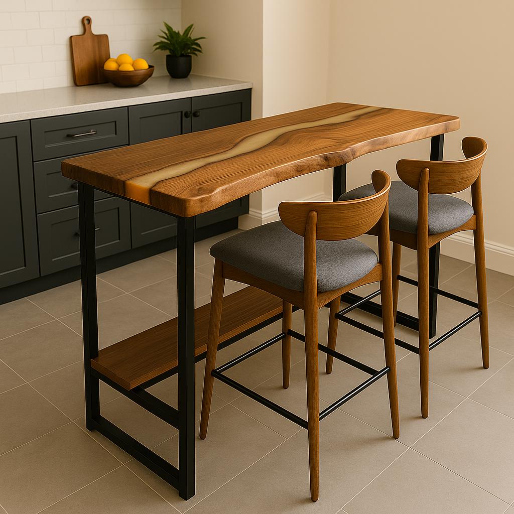 Walnut Epoxy Counter – Live Edge Breakfast Bar with Footrest Shelf