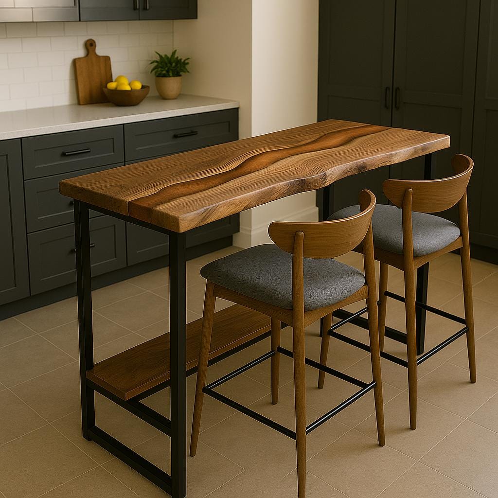 Walnut Epoxy Counter – Live Edge Breakfast Bar with Footrest Shelf