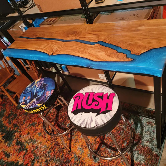 Bar table in loft-style interior — oak and epoxy