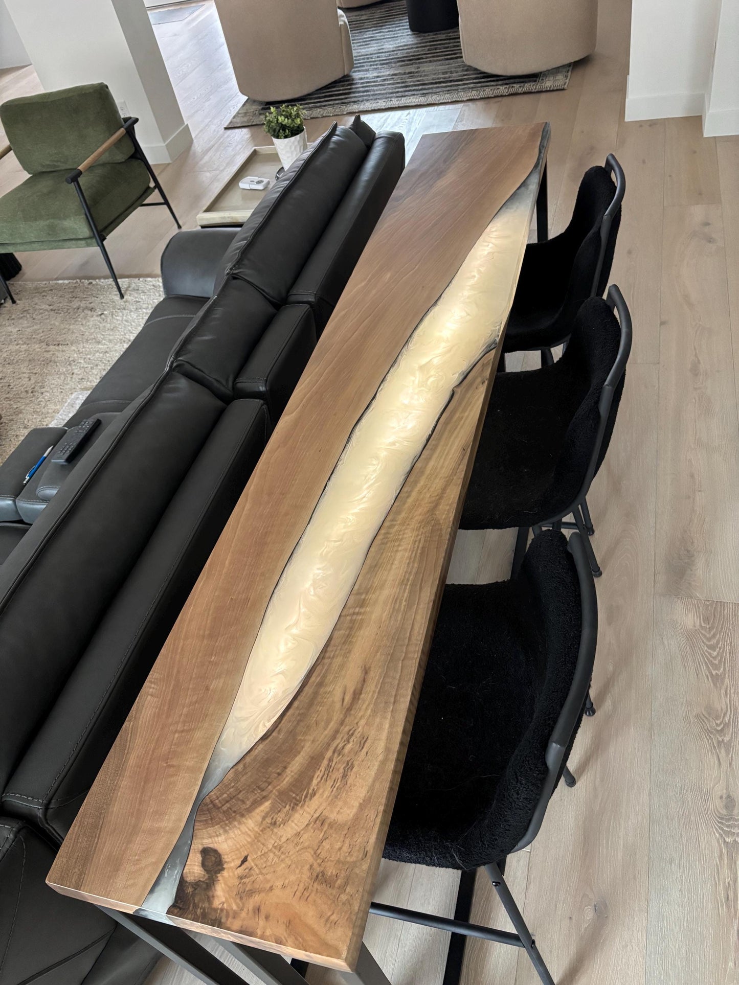 Walnut Bar Table with White Smoke Epoxy | Live Edge Metal Base, Custom