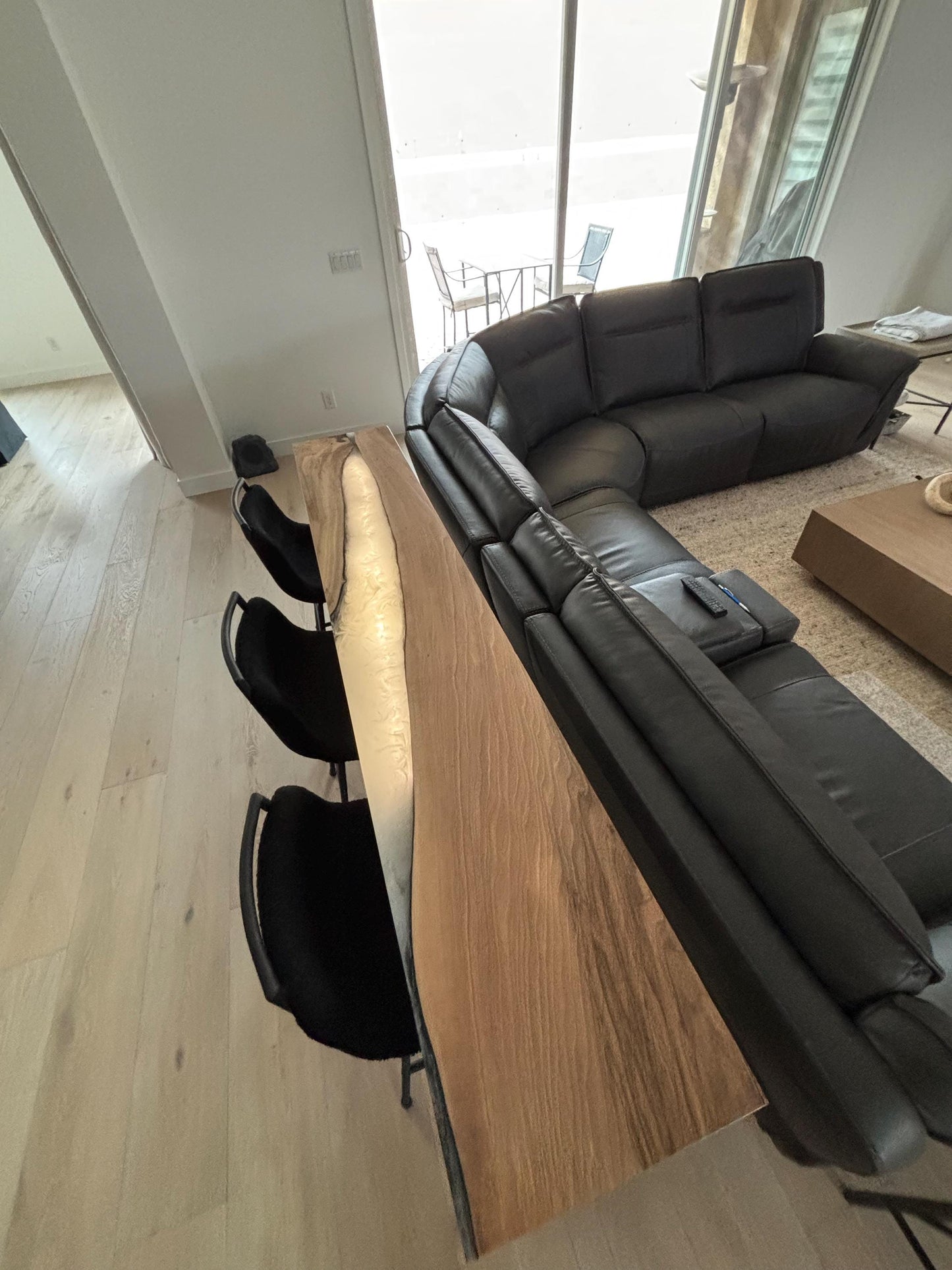 Walnut Bar Table with White Smoke Epoxy | Live Edge Metal Base, Custom