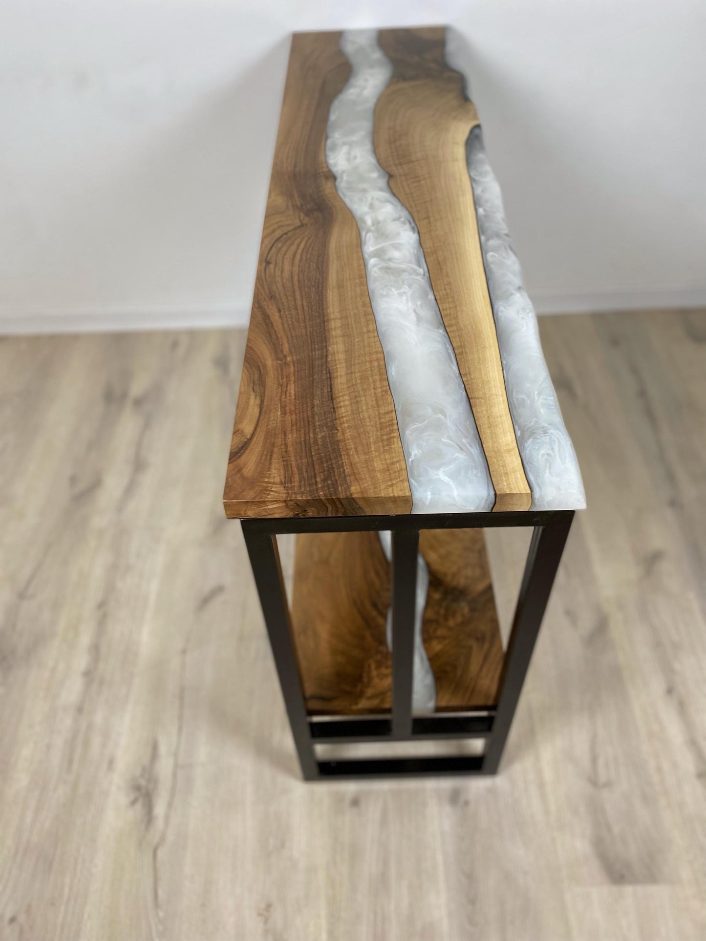 Console Table with Shelf – Narrow Walnut Sofa Table, White Smoke Epoxy, Custom Size