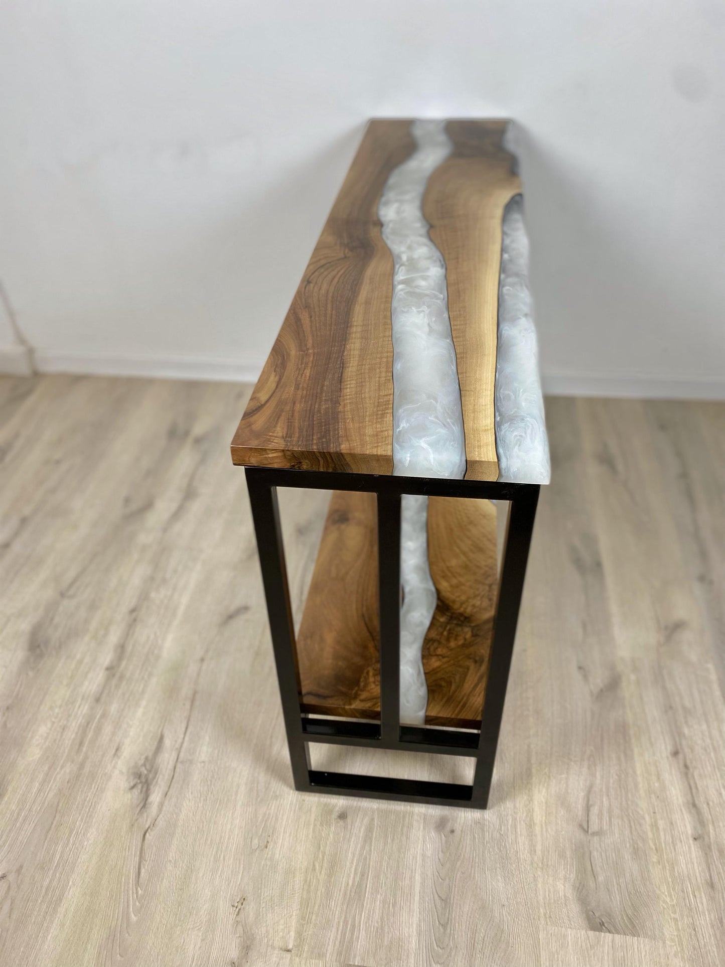 Console Table with Shelf – Narrow Walnut Sofa Table, White Smoke Epoxy, Custom Size