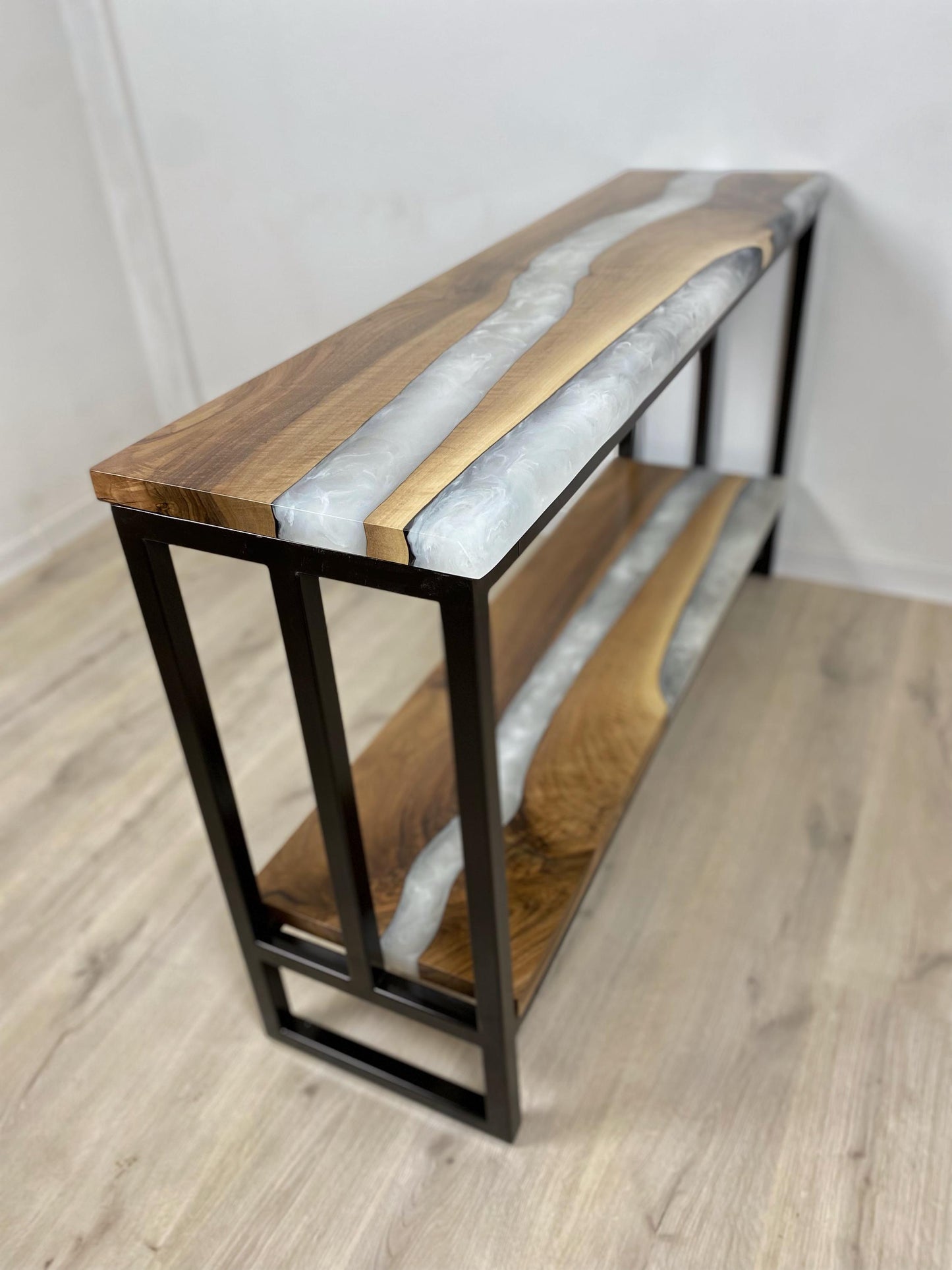 Console Table with Shelf – Narrow Walnut Sofa Table, White Smoke Epoxy, Custom Size