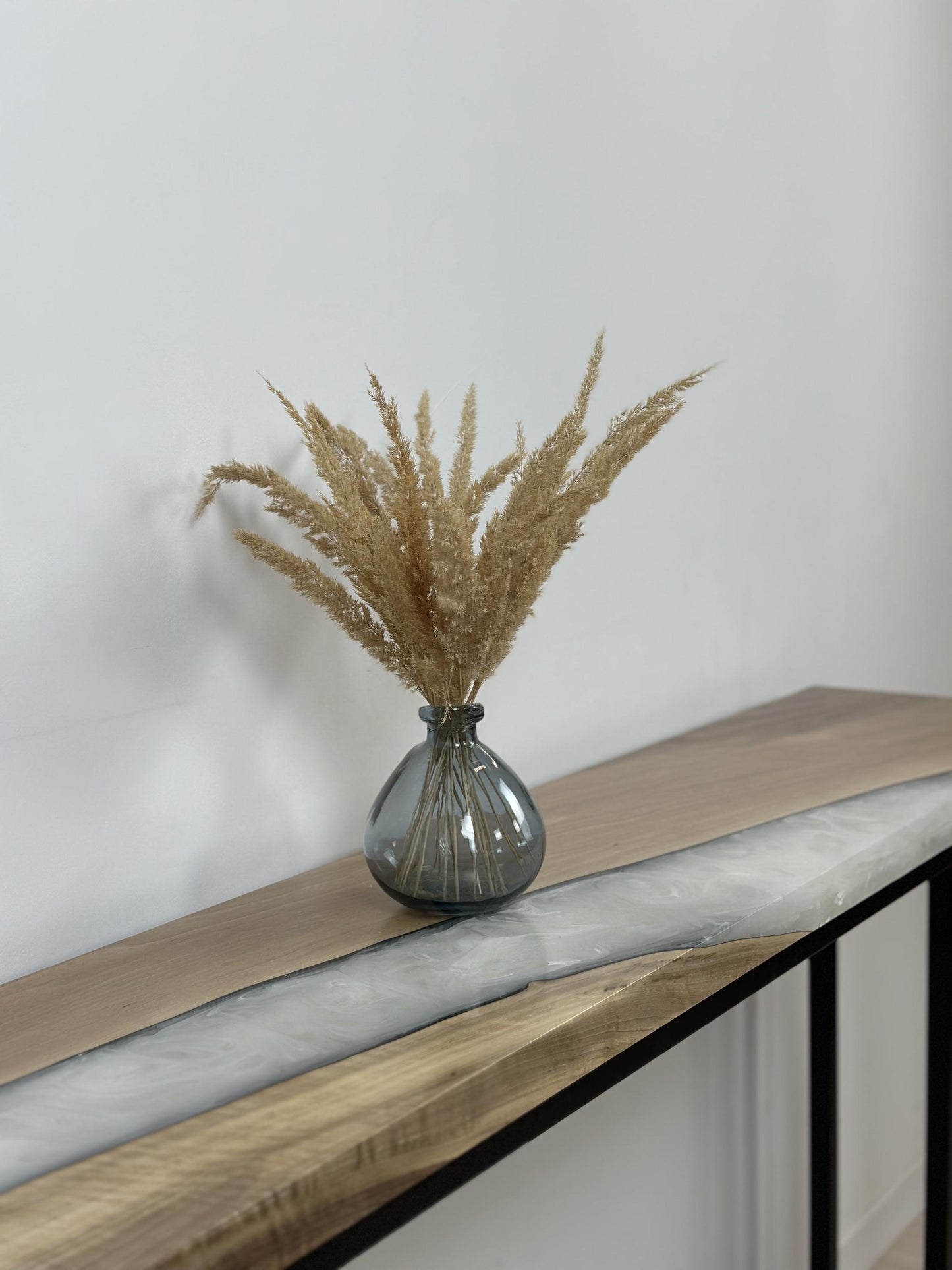Narrow Walnut Console Table – Epoxy Entryway Table, Slim Behind Sofa Table with Metal Base