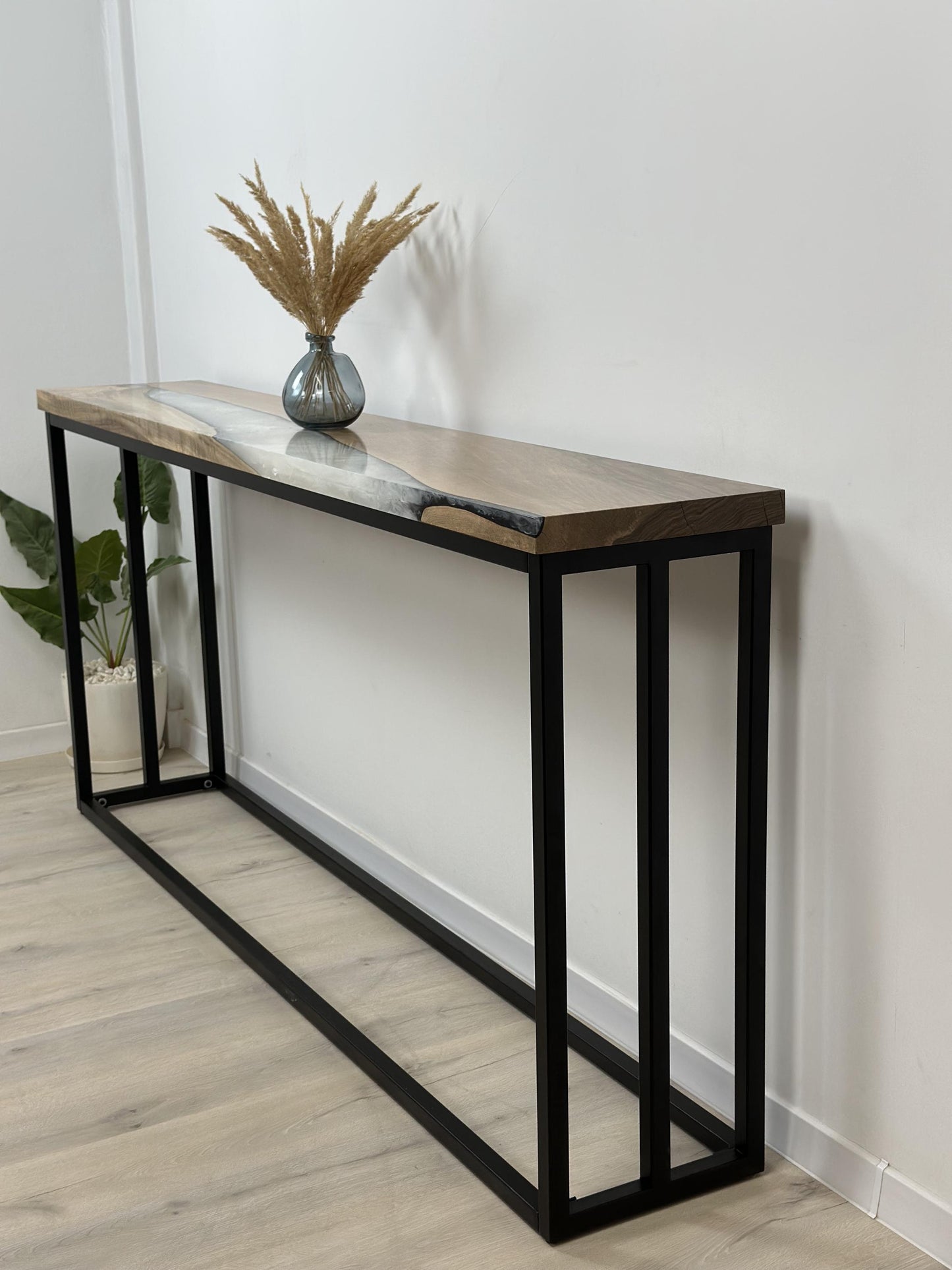 Narrow Walnut Console Table – Epoxy Entryway Table, Slim Behind Sofa Table with Metal Base