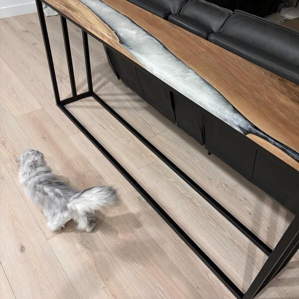 Narrow Walnut Console Table – Epoxy Entryway Table, Slim Behind Sofa Table with Metal Base