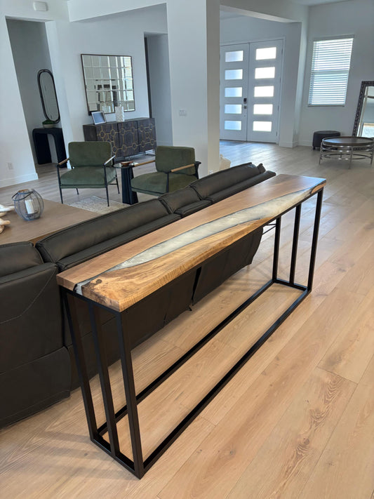 Narrow Walnut Console Table – Epoxy Entryway Table, Slim Behind Sofa Table with Metal Base