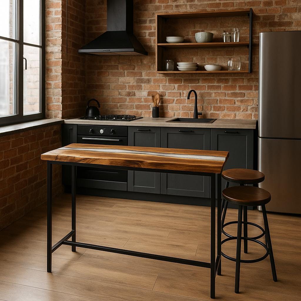 Walnut Counter Height Table – Live Edge Epoxy Kitchen Island, Breakfast Bar with Metal Base