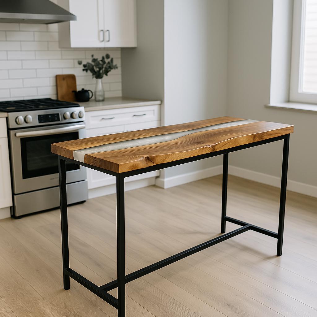 Walnut Counter Height Table – Live Edge Epoxy Kitchen Island, Breakfast Bar with Metal Base