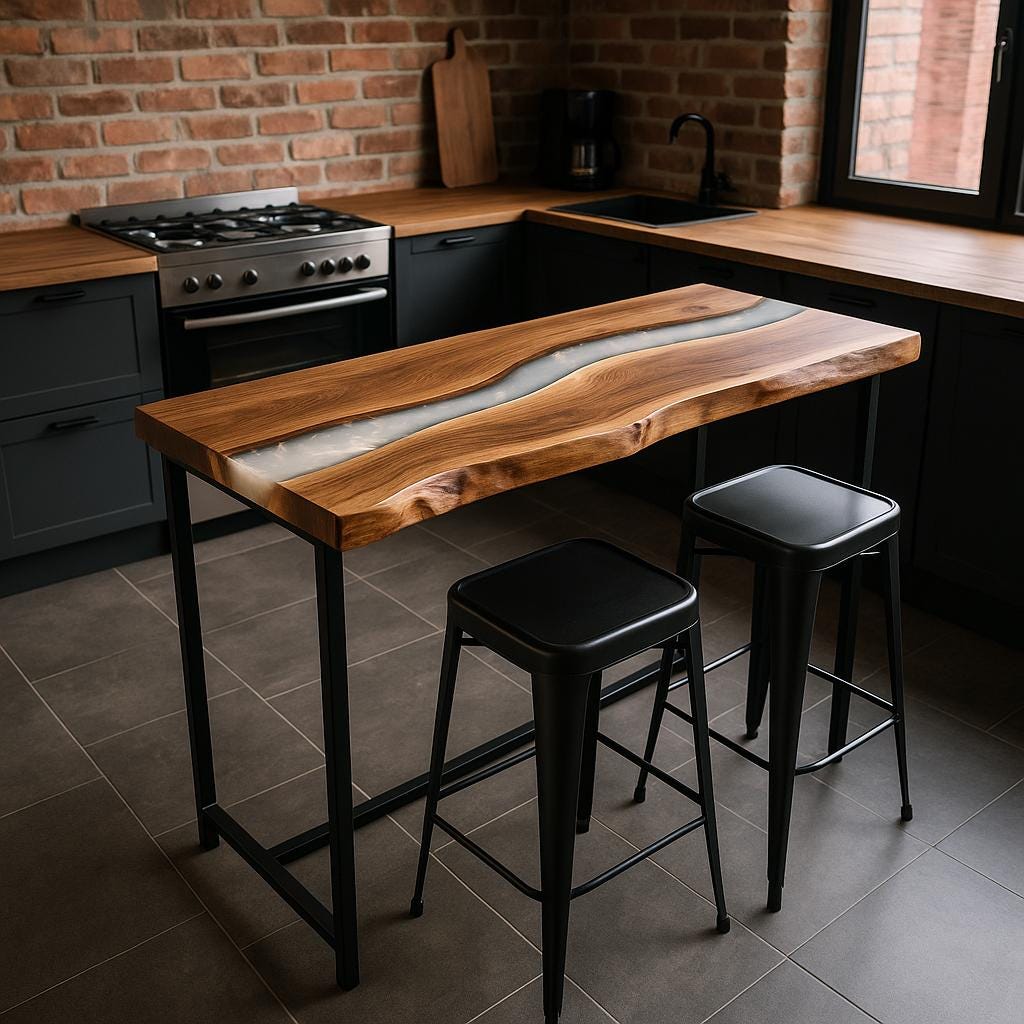 Walnut Counter Height Table – Live Edge Epoxy Kitchen Island, Breakfast Bar with Metal Base
