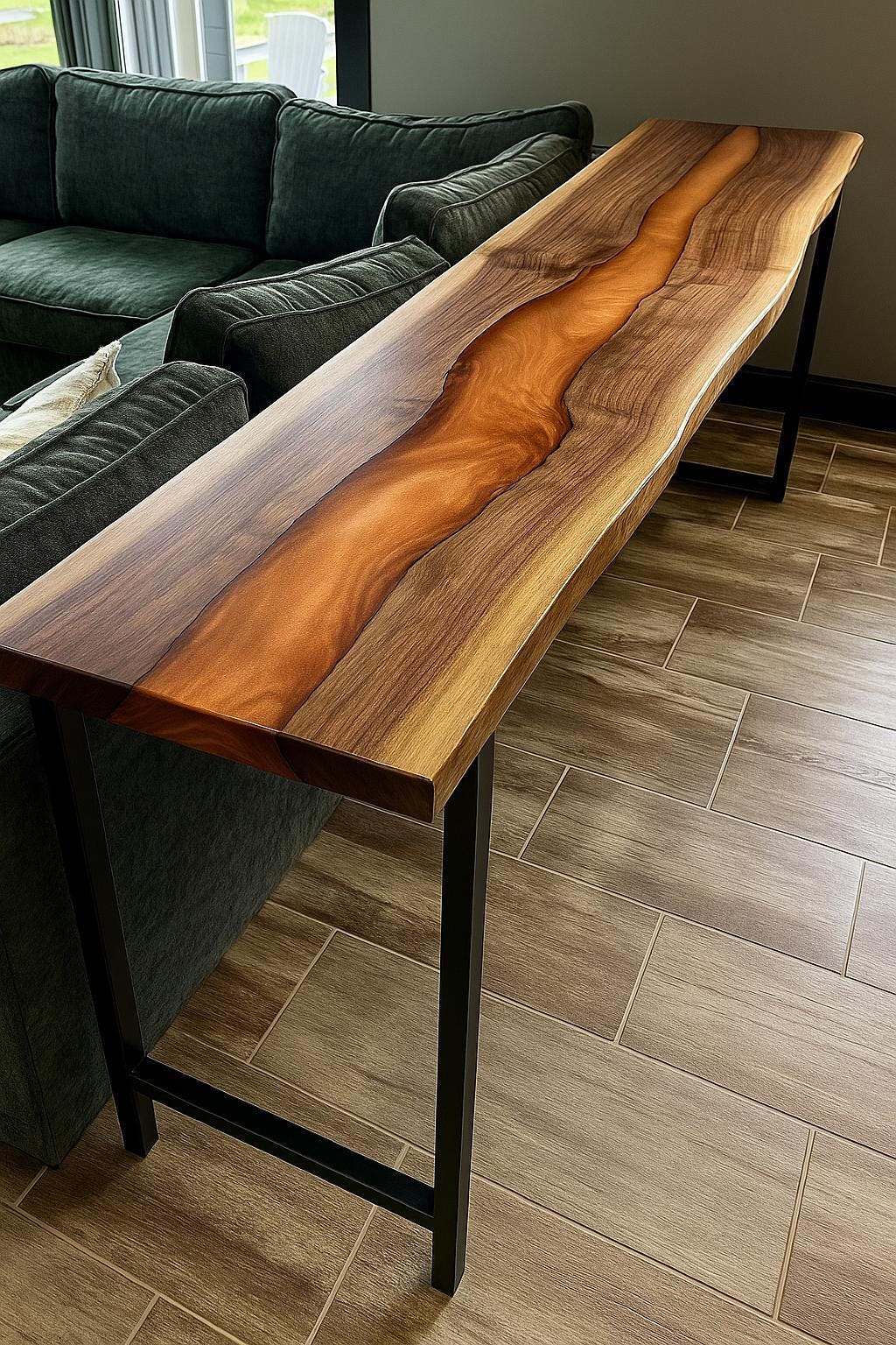 Behind Couch Table, Live Edge Walnut Sofa Console, Narrow Epoxy Table, Custom Hallway Furniture