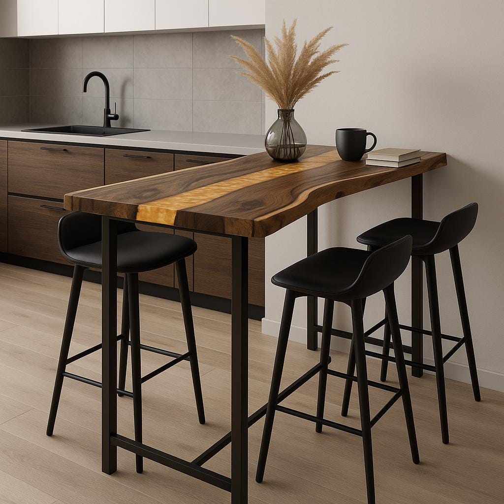 Live Edge Walnut Breakfast Bar – Custom Counter Height Table, Epoxy Resin, Metal Base