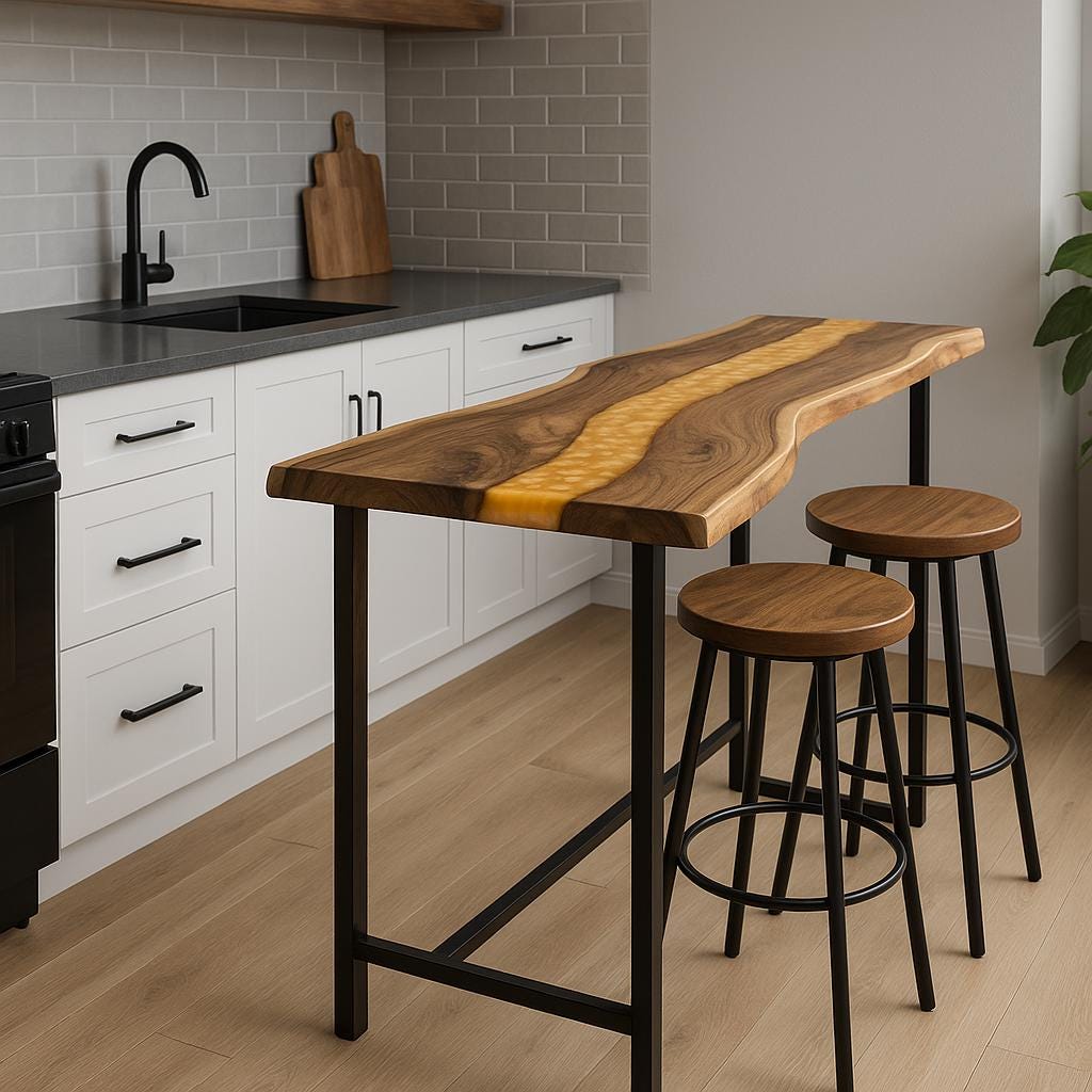 Live Edge Walnut Breakfast Bar – Custom Counter Height Table, Epoxy Resin, Metal Base