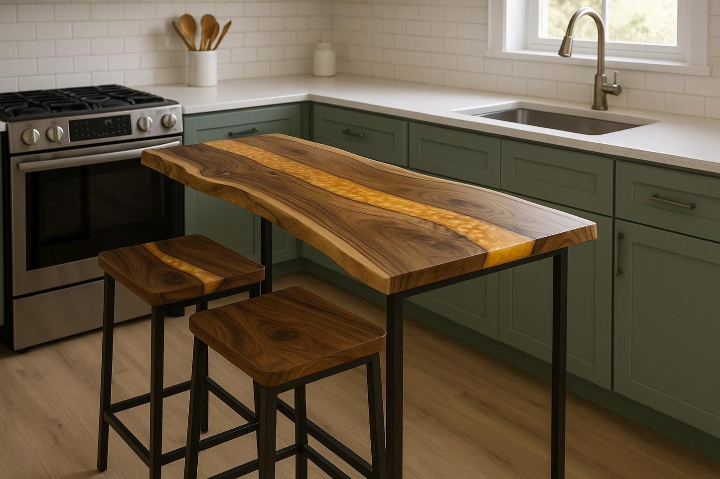 Live Edge Walnut Breakfast Bar – Custom Counter Height Table, Epoxy Resin, Metal Base