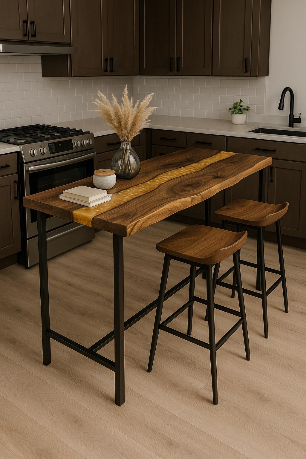 Live Edge Walnut Breakfast Bar – Custom Counter Height Table, Epoxy Resin, Metal Base