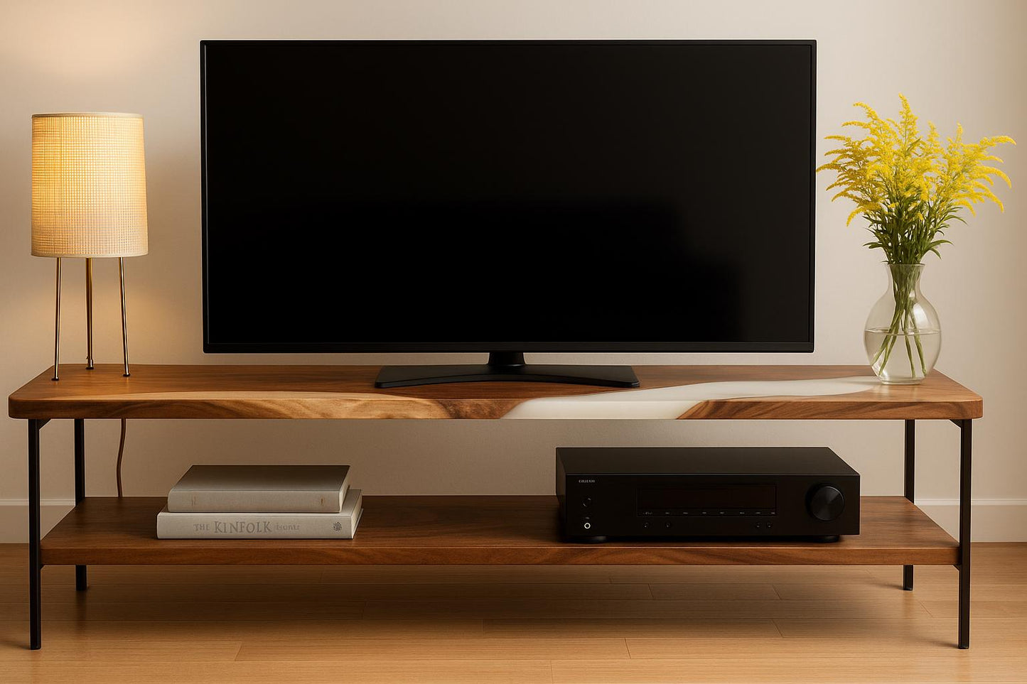 Walnut TV Stand with Epoxy River – Solid Wood Media Console