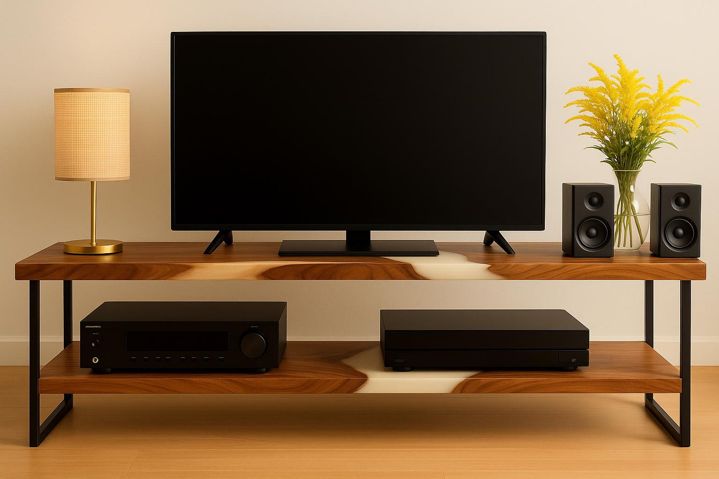 Walnut TV Stand with Epoxy River – Solid Wood Media Console