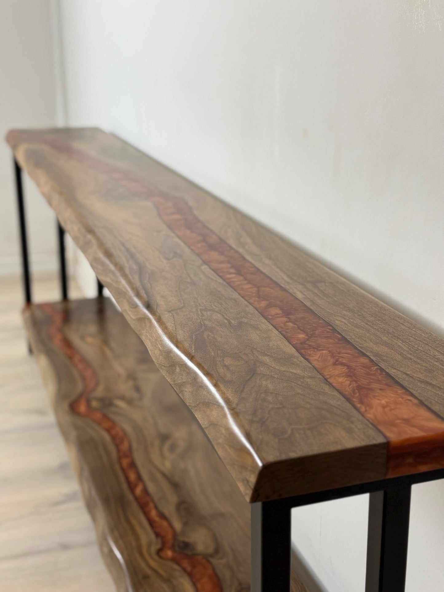 Narrow Walnut Console Table with Shelf | Live Edge Epoxy Entryway Table